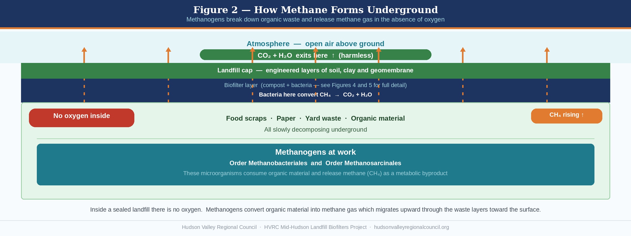 A figure detailing how methane forms underground via methanogens.
