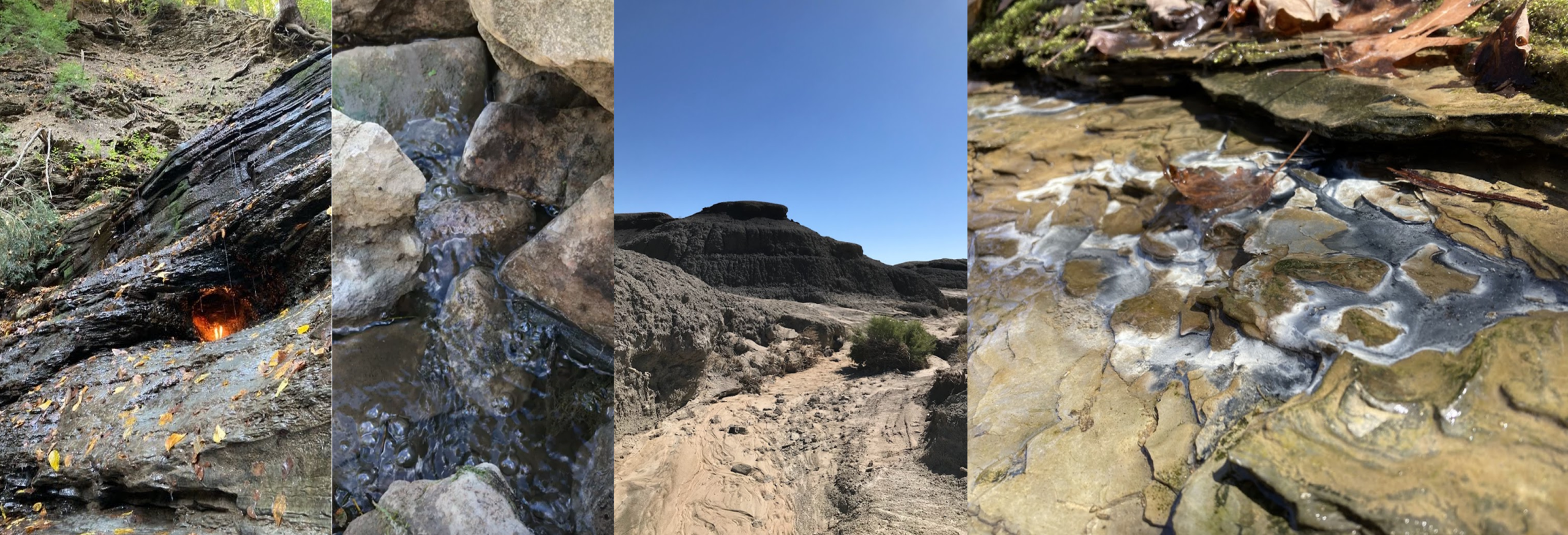 Figure 3. Sites of geologic seepage of methane. The famous seep called the “Eternal Flame” at Chestnut Ridge Park is shown on the left. Other images show outcrops of shale and coal with methane seepage in western New York and Colorado.