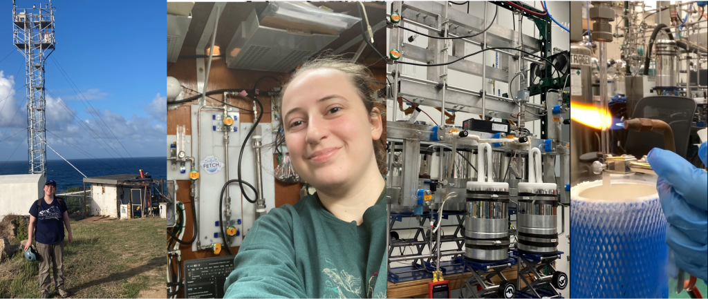 Figure 8. Katie in Barbados assisting in the installation of an autonomous air sampling system at an internation observatory (left). Processing of air samples to extract carbon monoxide in the laboratory at the University of Rochester (right). 